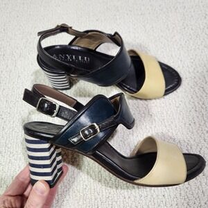 Anyi Lu Womens SZ 6.5 Leather Block Heel Sandals Navy Cream‎ Striped Heel Italy